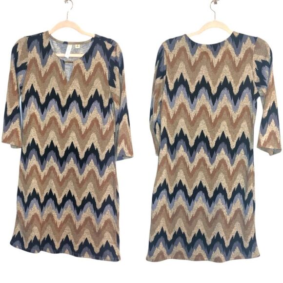 Tacera Tan & Navy Blue Southwestern Chevron Scoop Neck Long Sleeve Dress - Picture 1 of 6